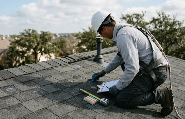 Inspector in a hard hat and harness kneeling on a roof to measure and take notes