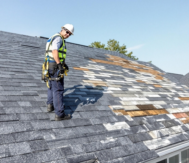 Roofer in a hard hat standing on a roof with patches of damaged and missing shingles