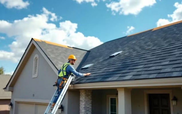 Roofer on a ladder at the eave of a gray shingle roof on a two story home