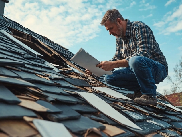 Man with a clipboard inspecting a roof with broken and missing shingles
