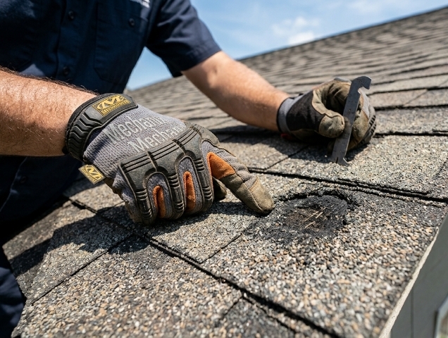 Gloved hands lifting a damaged asphalt shingle with a pry bar