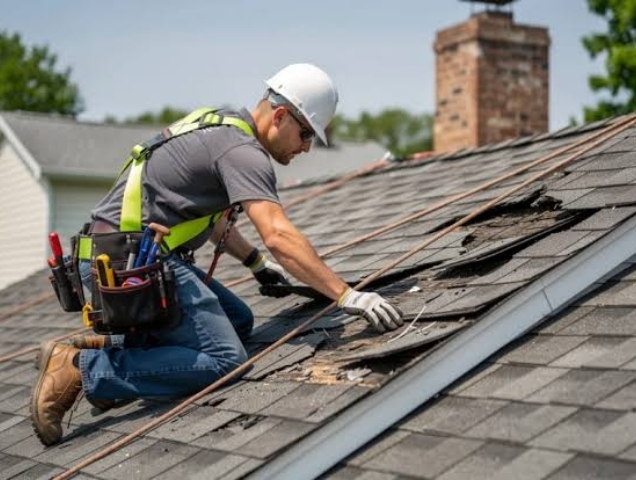 Roofer in a hard hat removing torn shingles beside a brick chimney
