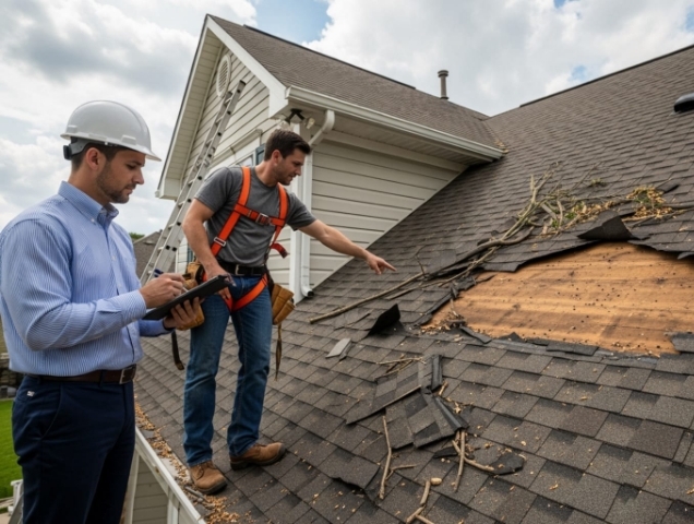 Roofer and a man with a tablet reviewing storm damage and exposed decking on a roof