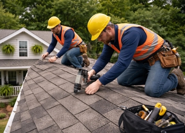 Two roofers in yellow hard hats nailing replacement shingles on a porch roof