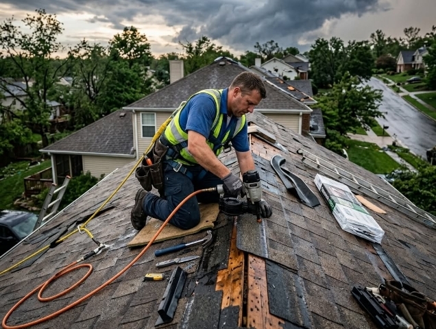 Roofer replacing damaged shingles under a stormy sky