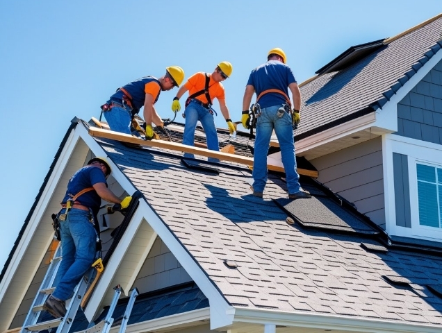 Crew in hard hats on a roof and ladder replacing shingles on a two story house